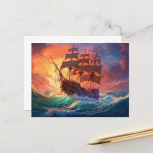 Postal Festiva Barco De Navegación En El Mar De Tormenta