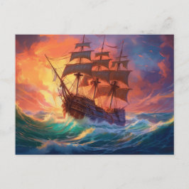 Postal Festiva Barco De Navegación En El Mar De Tormenta