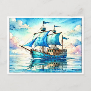 Postal Festiva Barco de Vela Sereno Azul Acuarela