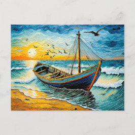 Postal Festiva Barco en aguas tranquilas al atardecer