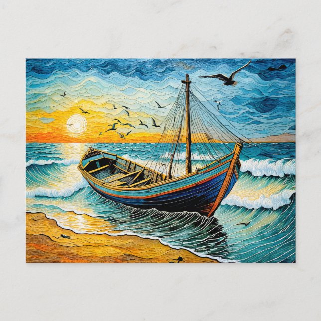 Postal Festiva Barco en aguas tranquilas al atardecer (Anverso)