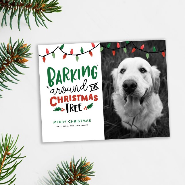 Postal Festiva Barking Alrededor De Los Navidades De Perro Árbol  (Cute pet Christmas card. Barking around the Christmas tree photo holiday card shown with pine accent)