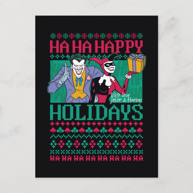 Postal Festiva Batman | Felices Fiestas Joker y Harley Quinn (Anverso)