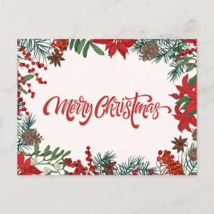 Postal Festiva Bayas de acuarela navideña de amarre, Poinsettia