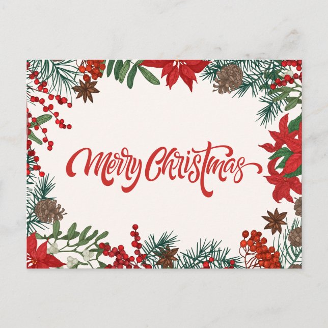 Postal Festiva Bayas de acuarela navideña de amarre, Poinsettia (Anverso)