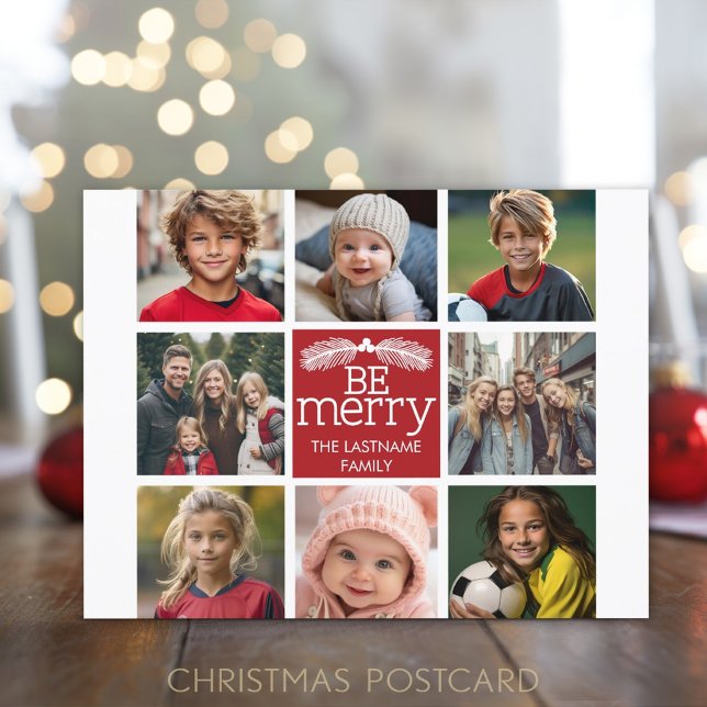 Postal Festiva Be Merry Christmas Collotos con blanco rojo (Christmas Postcard with Photos)