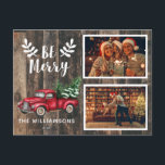 Postal Festiva Be Merry Christmas Vintage Red Truck Two Photo<br><div class="desc">Tarjeta de festividad de 2 Fotografías de Be Merry Christmas Vintage Red Truck - Nuestra tarjeta postal de festividad incluye 2 de sus fotos favoritas, un camión de recogida rojo vintage lleno de pinos cubiertos de nieve frescos de la granja. Be Merry aparece en un tipo de letra manuscrito. Tu...</div>