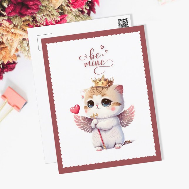 Postal Festiva Be Mine Chibi Cat Angel Wings Kitten Valentine (Subido por el creador)