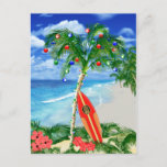 Postal Festiva Beach Christmas<br><div class="desc">Happy Holidays from the warm sandy beaches of your favorite tropical island beach. Palm tree decorated with Christmas ornaments and lights,  with a retro surfboard leaning against the Christmas tree.</div>