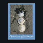 Postal Festiva Beach Snowman<br><div class="desc">Postal con foto de un muñeco de nieve hecho con dólares de arena y otros objetos de playa. El texto del personalizable dice "Saludos de la temporada"</div>