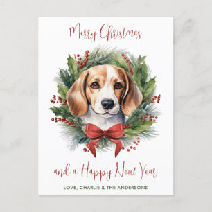 Postal Festiva Beagle Dog Personalizado Wreath Merry Christmas
