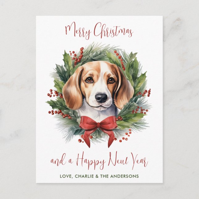Postal Festiva Beagle Dog Personalizado Wreath Merry Christmas (Anverso)
