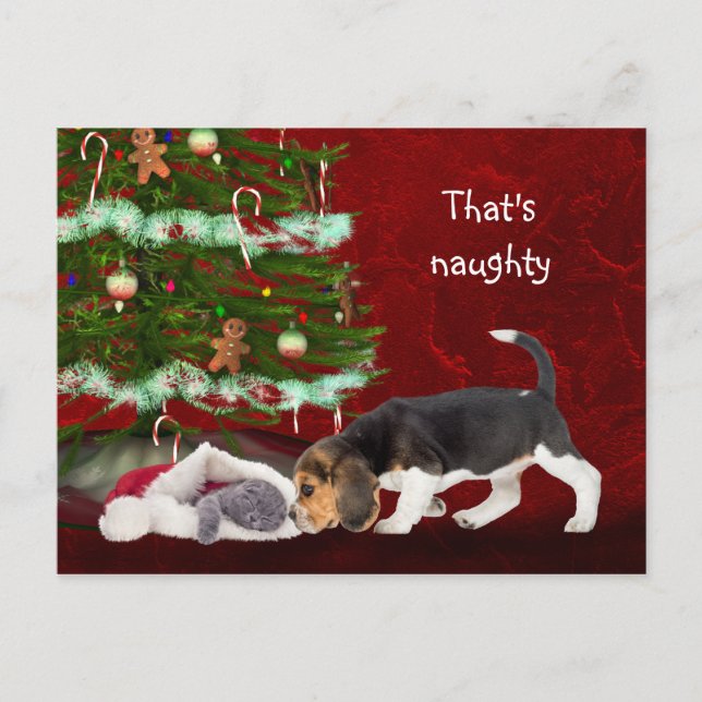 Postal Festiva Beagle y Navidades de gatitos traviesos (Anverso)