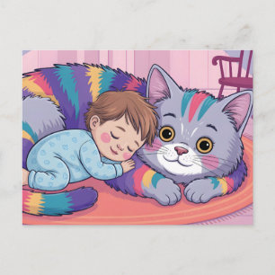 Postal Festiva Bebé Lindo Durmiendo sobre un Gato Esponjoso Gigan
