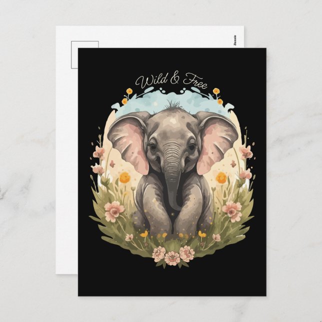 Postal Festiva Bebé lindo Elefante Calf Flor silvestre Wanderlust (Anverso / Reverso)