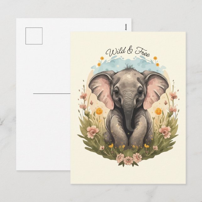 Postal Festiva Bebé lindo Elefante Calf Flor silvestre Wanderlust (Anverso / Reverso)