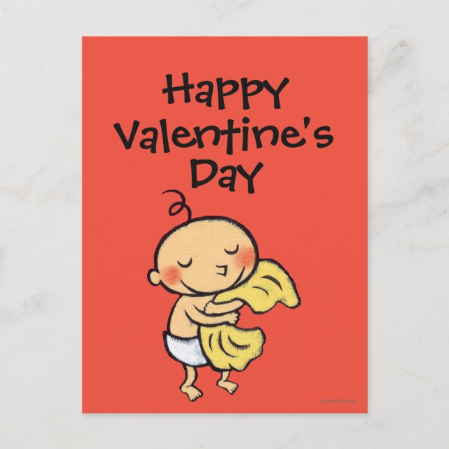 Postal Festiva Bebé que abraza la manta amarilla suave (Anverso)