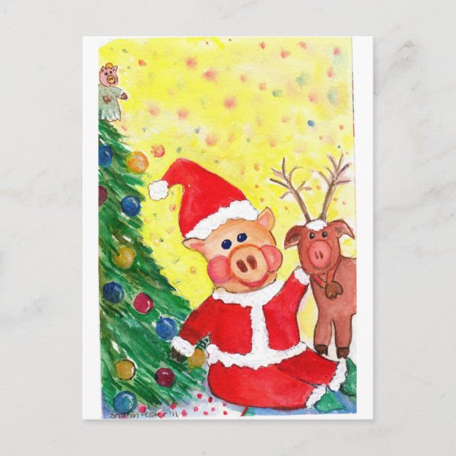 Postal Festiva Bebé Santa Piglet y Rein cerdo por árbol de Navida (Anverso)