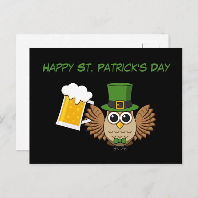 Postal Festiva Beber de búho San Patrick's Day | Personalizar (Anverso / Reverso)