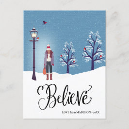 Postal Festiva BELIEVE | Paisaje nevado con pájaro cardenal inver