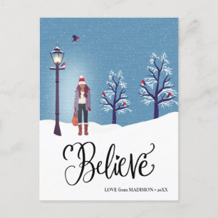 Postal Festiva BELIEVE   Paisaje nevado con pájaro cardenal inver