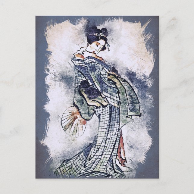 Postal Festiva Bella Geisha con Kimono Arte en Acuarela Vintage (Anverso)