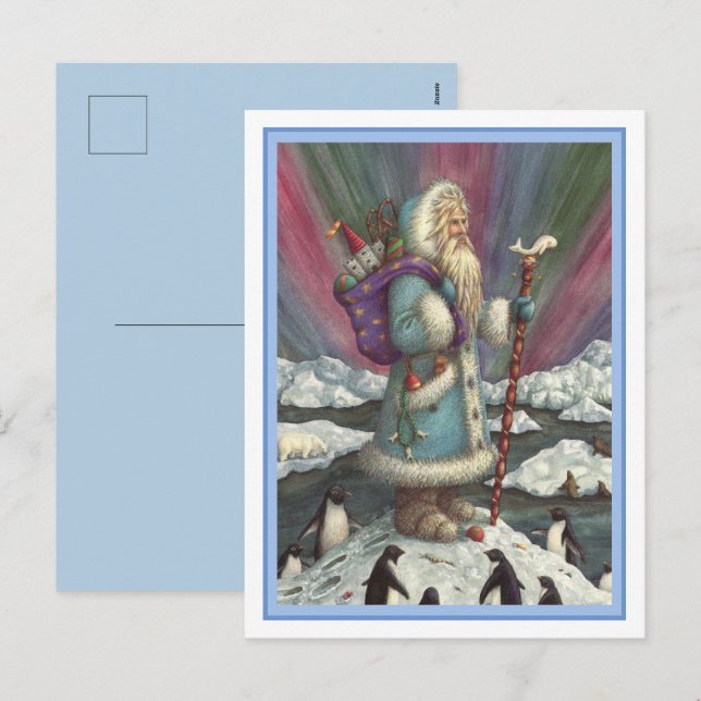 POSTAL FESTIVA BELSNICKLE AZUL, LUCES Y PENGUINAS DEL NORTE (Anverso / Reverso)