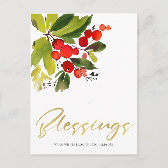 POSTAL FESTIVA BENDICIONES DE LOS NAVIDADES VERDES ROJOS BERRIES  (Anverso)