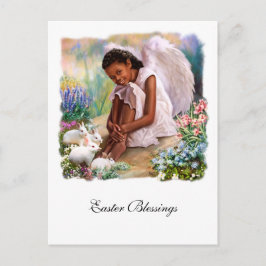 Postal Festiva Bendiciones de Pascua. Ángel pequeño con conejitos