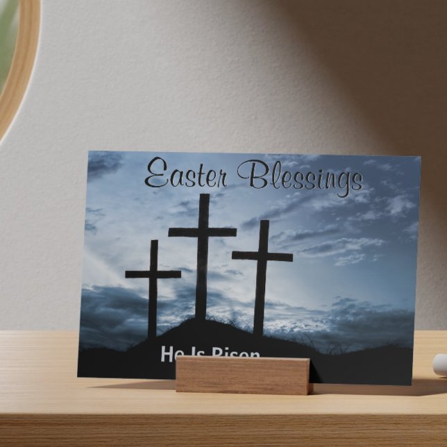 Postal Festiva Bendiciones de Pascua Él ha Resucitado Cruces Atar (Easter Blessings He is Risen Crosses Blue Sunset Holiday Postcard)