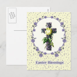 Postal Festiva Bendiciones de Pascua. Vintage Floral Cross Religi