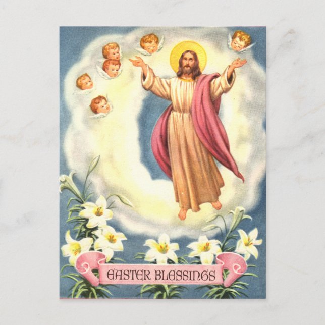 Postal Festiva Bendiciones vitales de Pascua Jesús y Ángeles (Anverso)