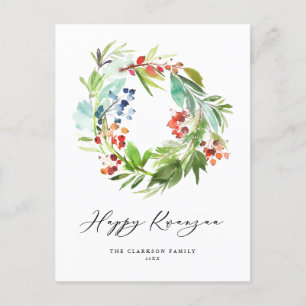 Postal Festiva Berry acuarela y Wreath verde feliz Kwanzaa