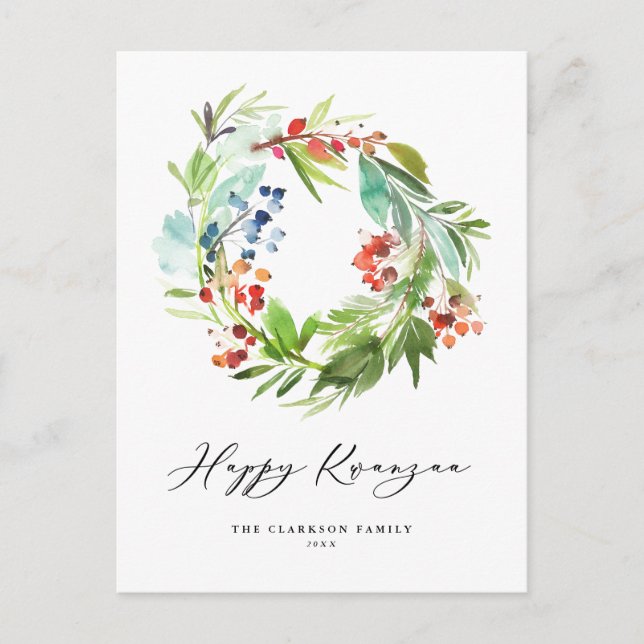 Postal Festiva Berry acuarela y Wreath verde feliz Kwanzaa (Anverso)