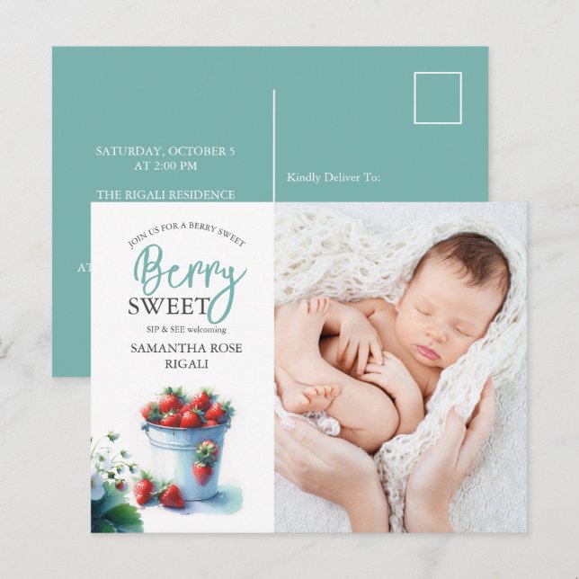 Postal Festiva Berry Sweet Sip and See Baby Shower Invita (Anverso / Reverso)