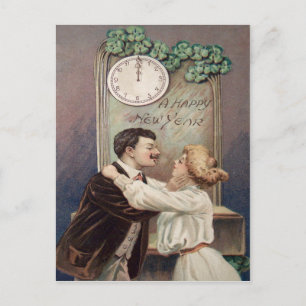 Postal Festiva Beso de Año Nuevo Trébol de Cuatro Hojas Reloj