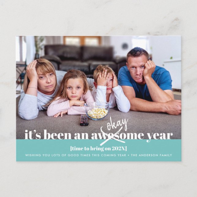 Postal Festiva Bien Año Nuevo Audaz Moderno Funny Photo Turquoise (Anverso)