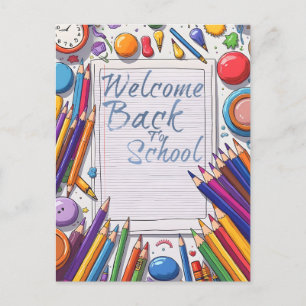 Postal Festiva Bienvenido de nuevo a la escuela – Divertido y Col