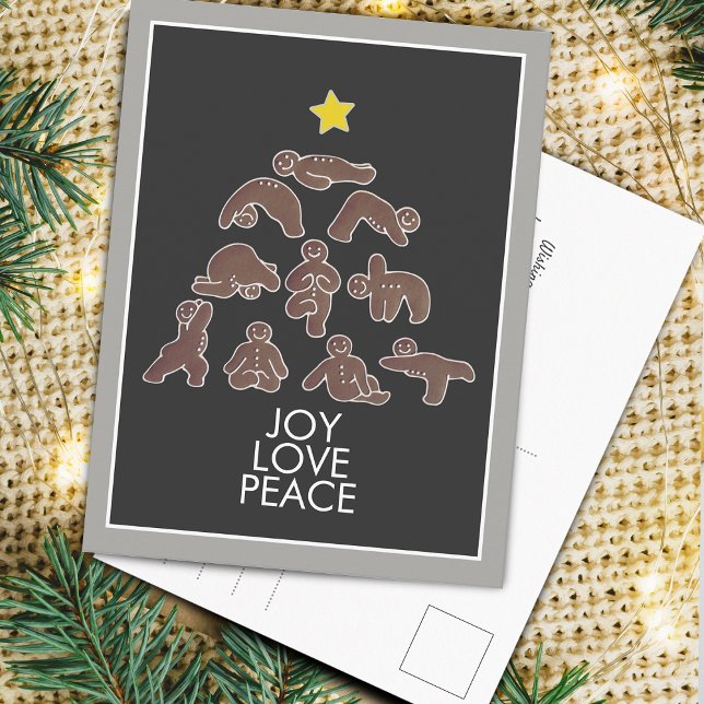 Postal Festiva Billete de feriado de yoga Gingerbread Joy Love Pe (Yoga Gingerbread Joy Love Peace Holiday Postcard)