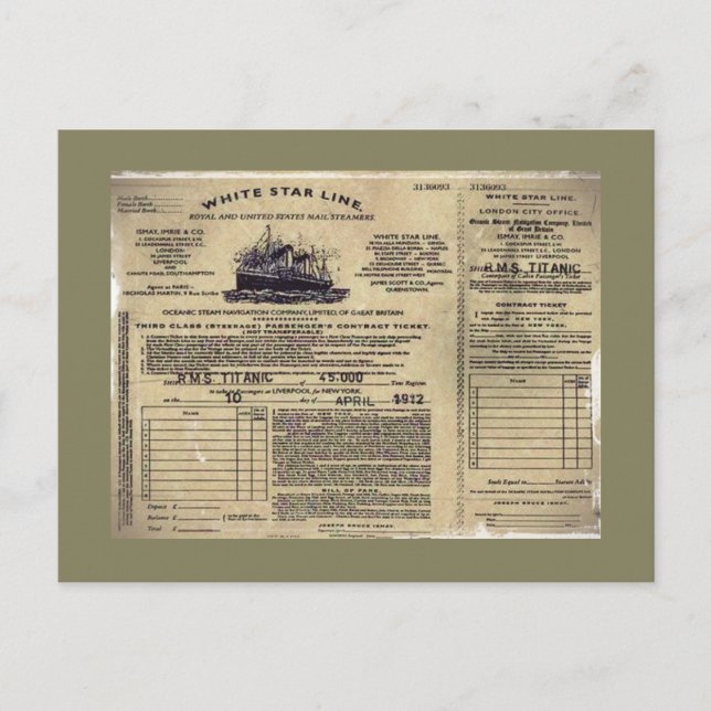 Postal Festiva Billete para RMS Titanic 1912 (Anverso)