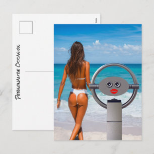 Postal Festiva Binoculares divertidos de playa Bikini Vista al oc