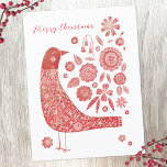 Postal Festiva Bird Scandinavian<br><div class="desc">Carta de Navidades festivos de estilo folk escandinavo de estilo rojo y blanco. Cambie o quite el saludo en la parte delantera y su dirección en la parte posterior para personalizar. Arte original de Nic Squirrell.</div>
