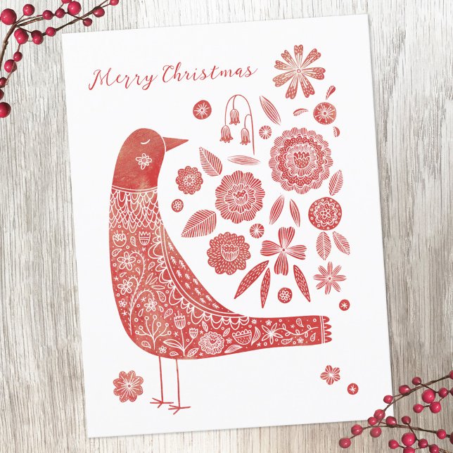 Postal Festiva Bird Scandinavian (Watercolor bird and flower red and white holiday card)