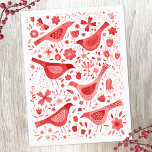 Postal Festiva Bird Watercolor Rojo<br><div class="desc">Pájaros acuarelas rojas y flores sobre un fondo blanco. Arte original de Nic Squirrell.</div>