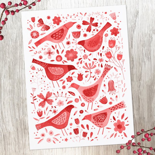 Postal Festiva Bird Watercolor Rojo (Red and white watercolor bird holiday postcard)
