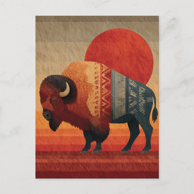 Postal Festiva Bison Estilizado con Patrones Nativos Americanos  (Anverso)