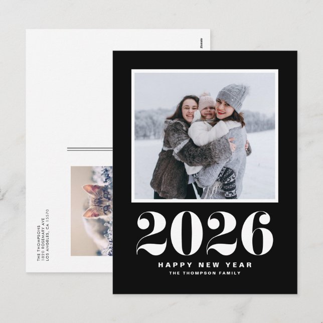 Postal Festiva Black 2025 Audaz Tipografía Foto de Año Nuevo (Anverso / Reverso)