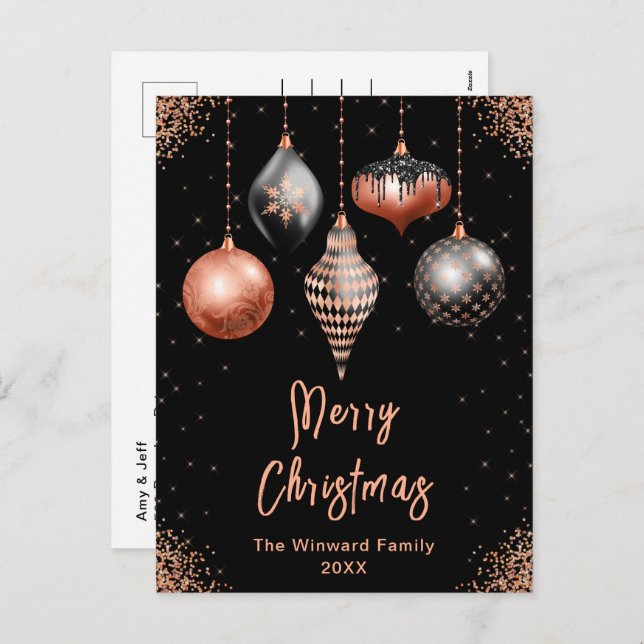 Postal Festiva Black and Rose Gold Ornaments Merry Christmas (Anverso / Reverso)