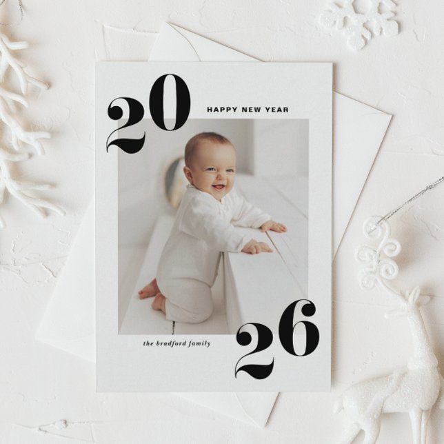 Postal Festiva Black Bold Typography 2025 New Year Photo (Customizable photo Happy New Year postcard featuring 2026 in black retro bold typography.)