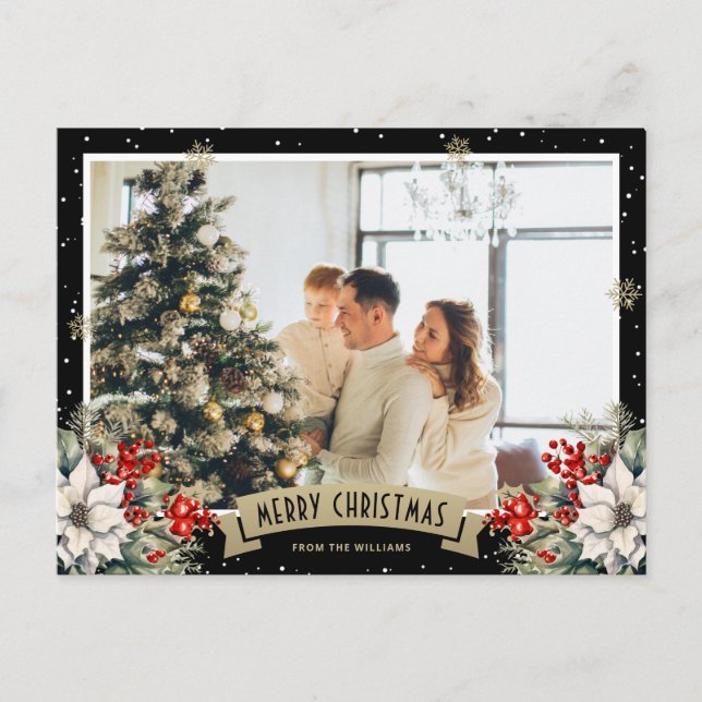 Postal Festiva Black Botanical Snowflake Photo Christmas (Anverso)